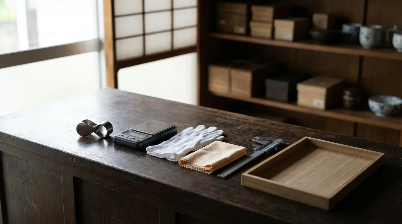 木製の査定カウンターにルーペや計量器具を整えて置いた手元
